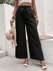 Solid Textured Wide Leg Pants Elastic Waist Tied Pants
