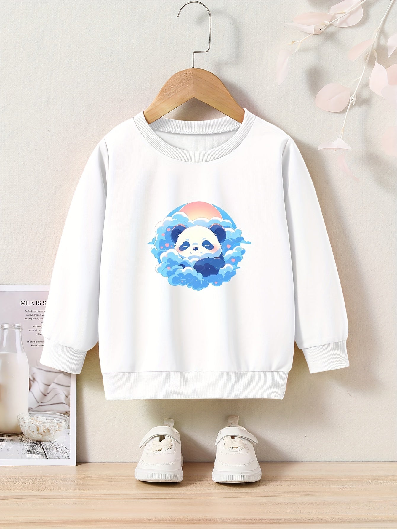 Panda Print Girls Casual Pullover Sweatshirt Long Sleeve Crew Neck Tops