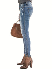 Ripped Holes Skinny Jeans Slim Fit Single Breasted Button Split Denim Pants