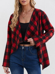 Plaid Print Open Front Jacket Long Sleeve Lapel Jacket