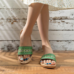 Women's Geometric Pattern Linen Slides Open Toe Flat Shoes