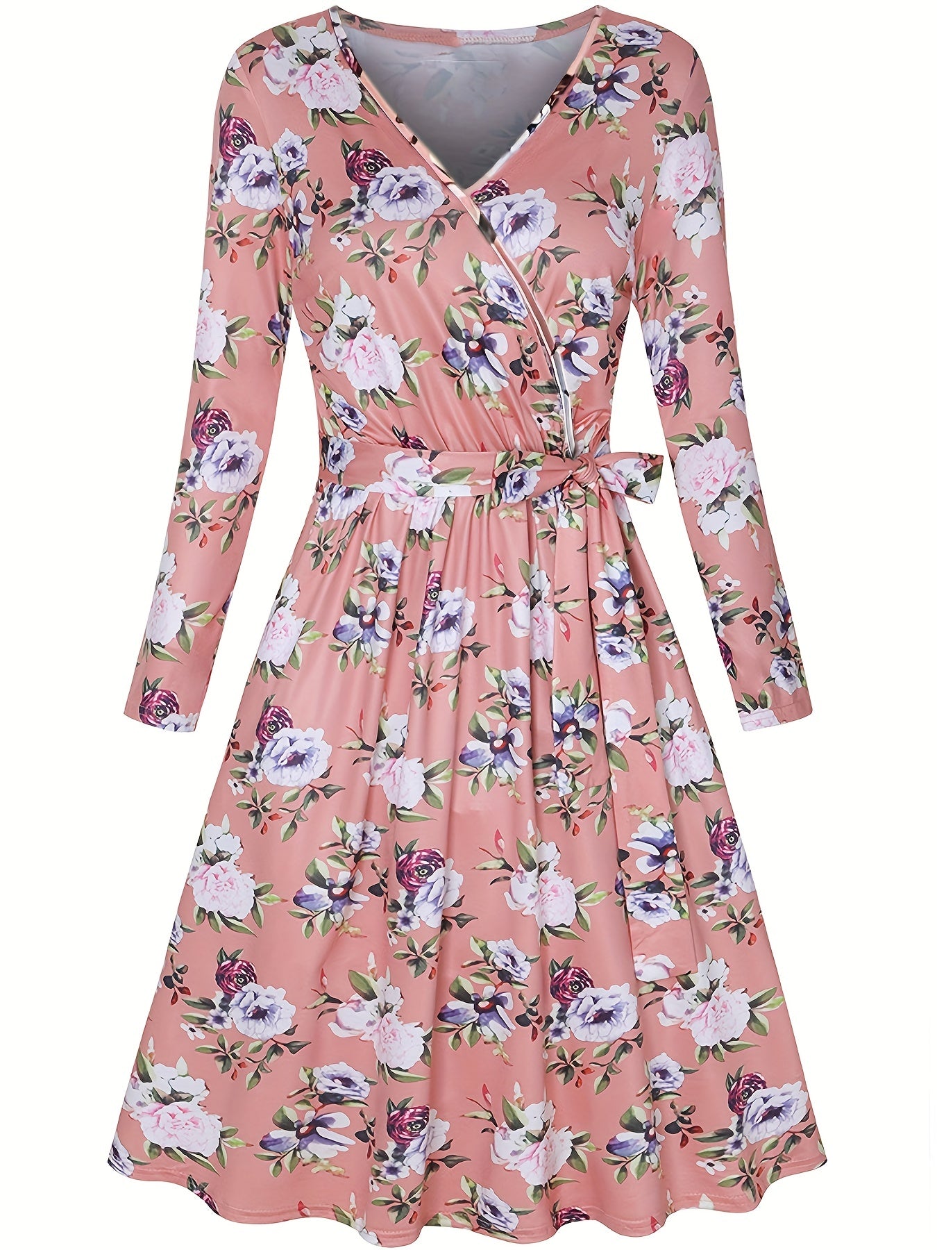Women's Plus Floral Print Long Sleeve Surplice Neck Belted Dress