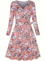Women's Plus Floral Print Long Sleeve Surplice Neck Belted Dress