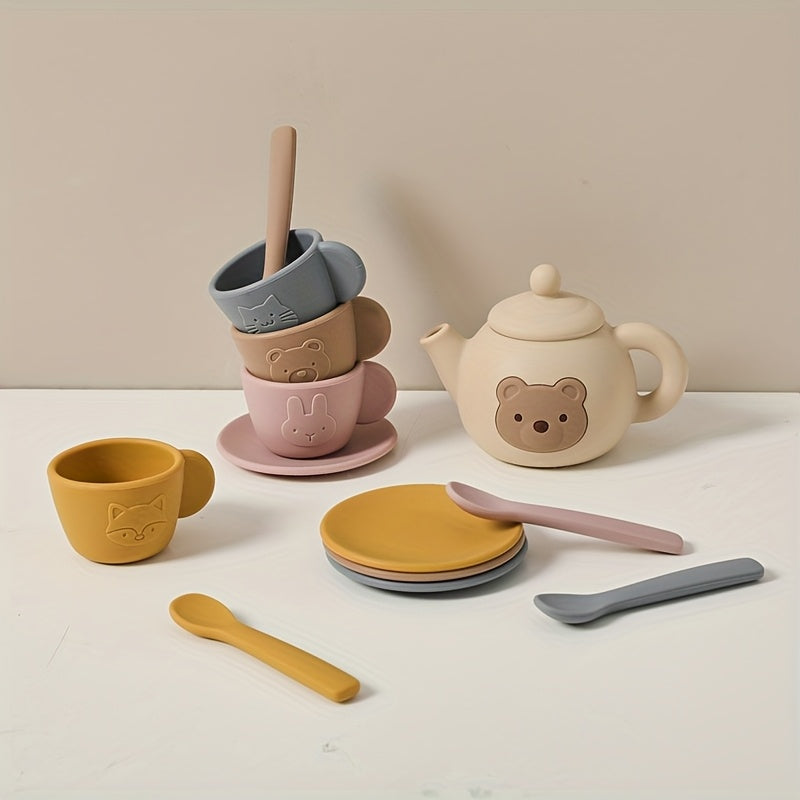 Silicone Tea Set Bear Wooden Pretend Play Toy Girls Mini Tea Cup and Teapot Set