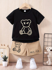 Boys Bear Graphic Casual Outfit T-shirt & Shorts Kids Summer Clothes Sets