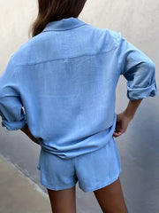 Solid Casual Two piece Set Shirt & Shorts Outfit
