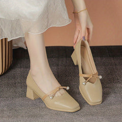 Retro Pearl Decor Square Toe Pumps Chunky Heel Dress Shoes