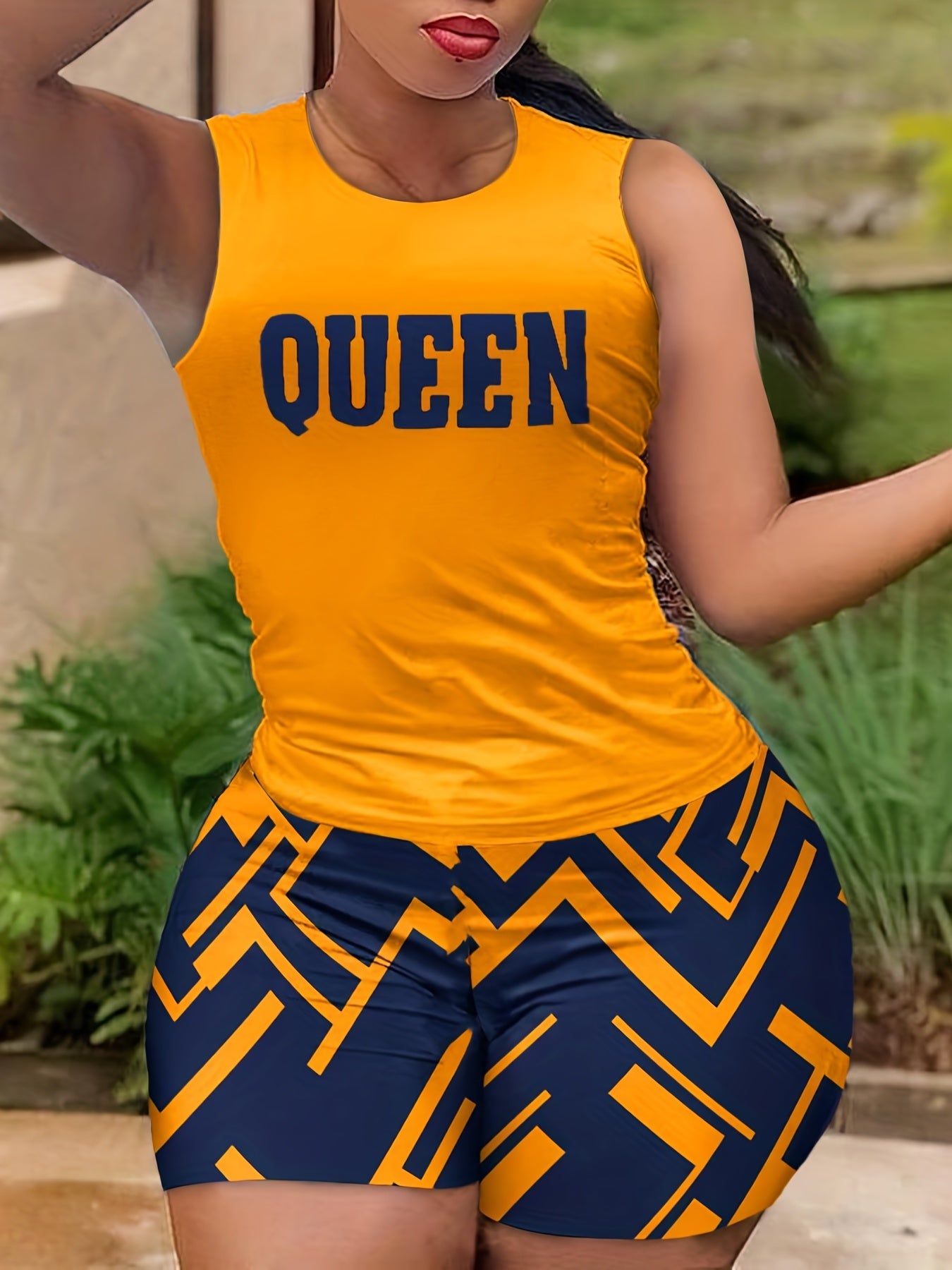 2 Pcs Letter Print Crew Neck Tank Top & Abstract Print Shorts Set