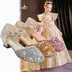 Glitter Bow Dress Shoes Princess Heels Party Wedding Girls Shoes