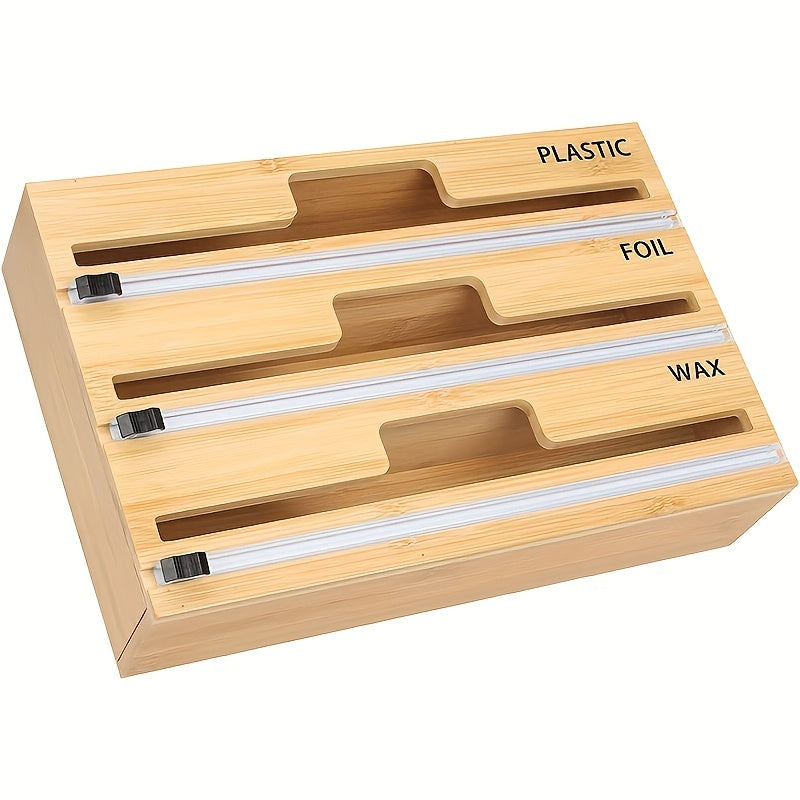 3-in-1 Bamboo Plastic Wrap Dispenser with Cutter, Foil & Plastic Wrap Organizer