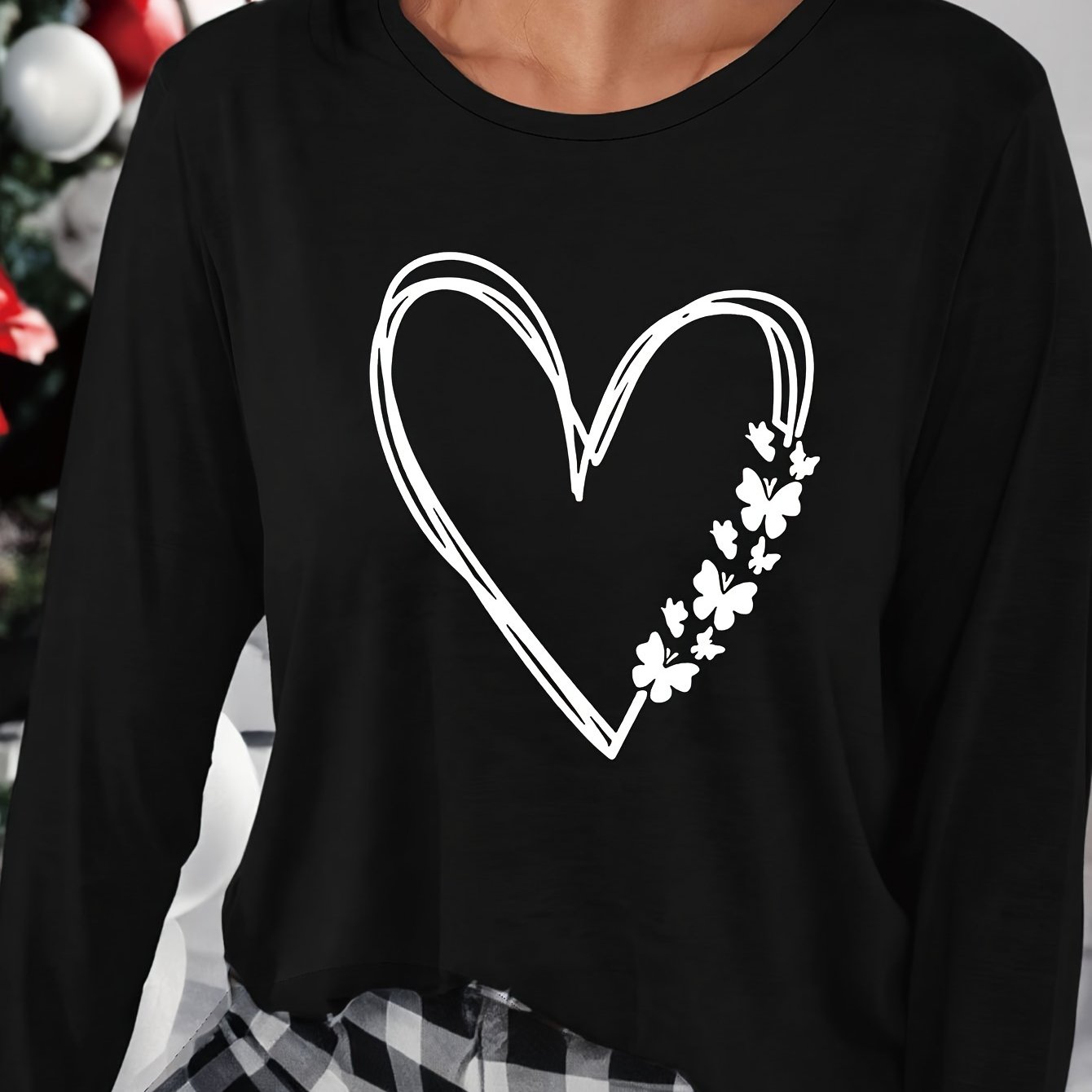 Heart Print Lounge Top Long Sleeve Crew Neck Women's Loungewear