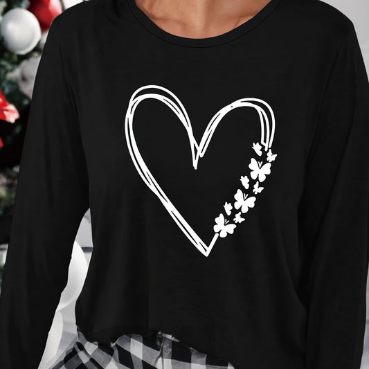 Heart Print Lounge Top Long Sleeve Crew Neck Women's Loungewear