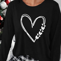 Heart Print Lounge Top Long Sleeve Crew Neck Women's Loungewear