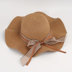 Striped Ribbon Bowknot Sun Hat Ruffles Wide Brim Straw Bucket Hats