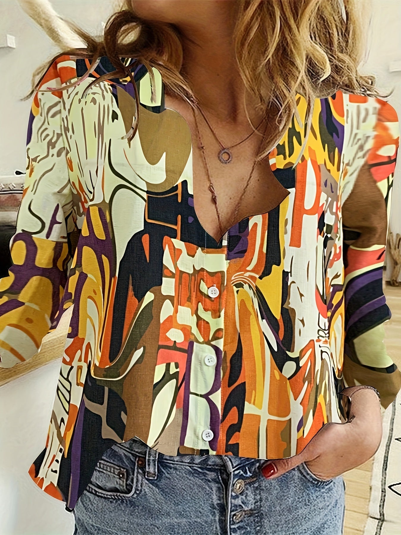 Casual Blouse Women's Plus Random Print Long Sleeve Button Up