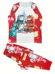 Christmas Print Pajama Set Long Sleeve Crew Neck Top & Elastic Waistband Pants