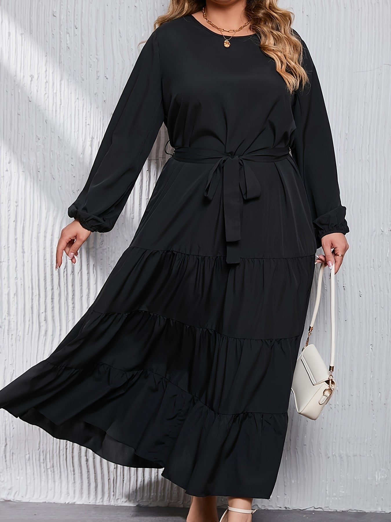 Abaya Dress Women's Plus Solid Lantern Sleeve Round Neck Smock Maxi