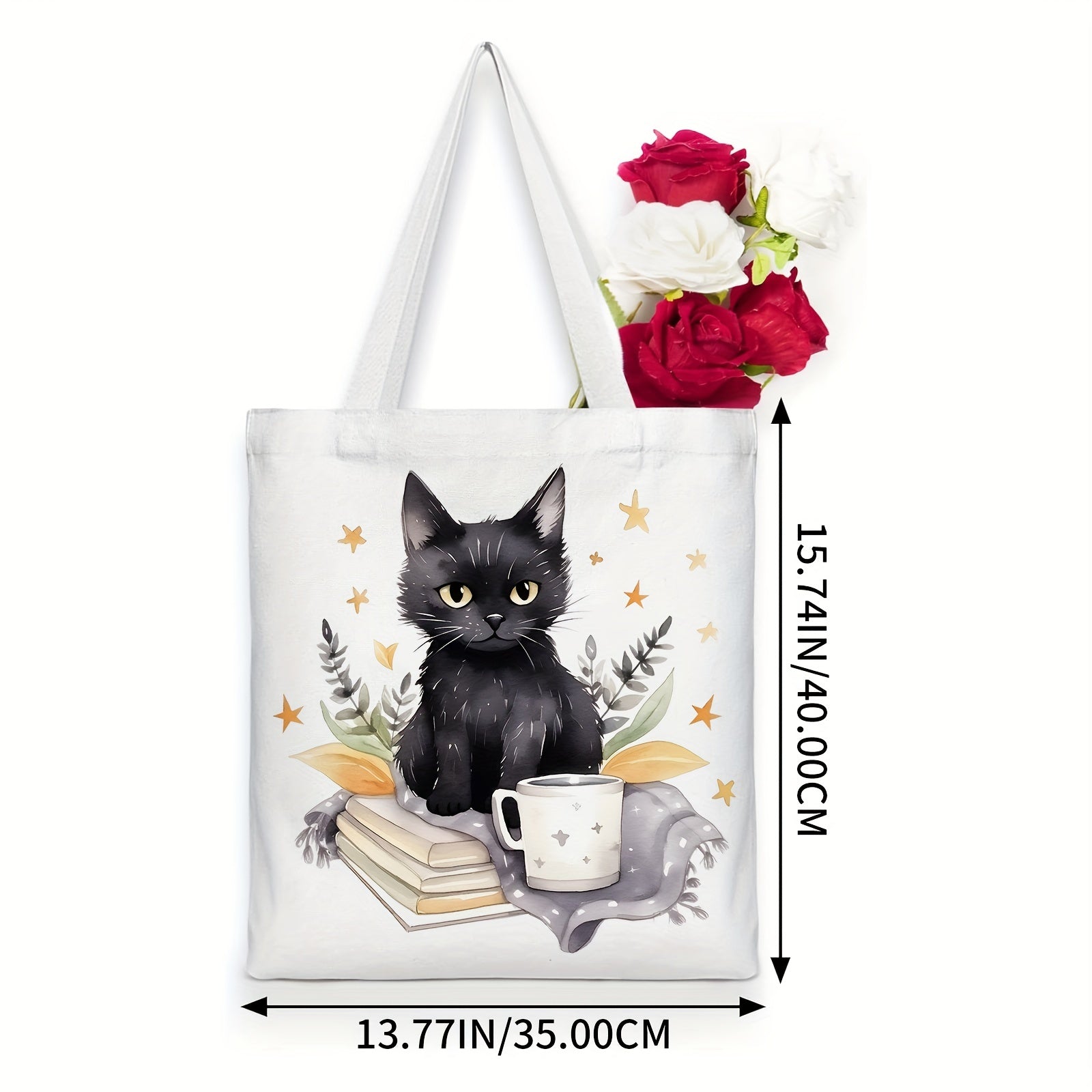 Cat Reading Pattern Canvas Tote Bag Women's Portable Anime Shoulder Bag