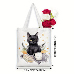 Cat Reading Pattern Canvas Tote Bag Women's Portable Anime Shoulder Bag