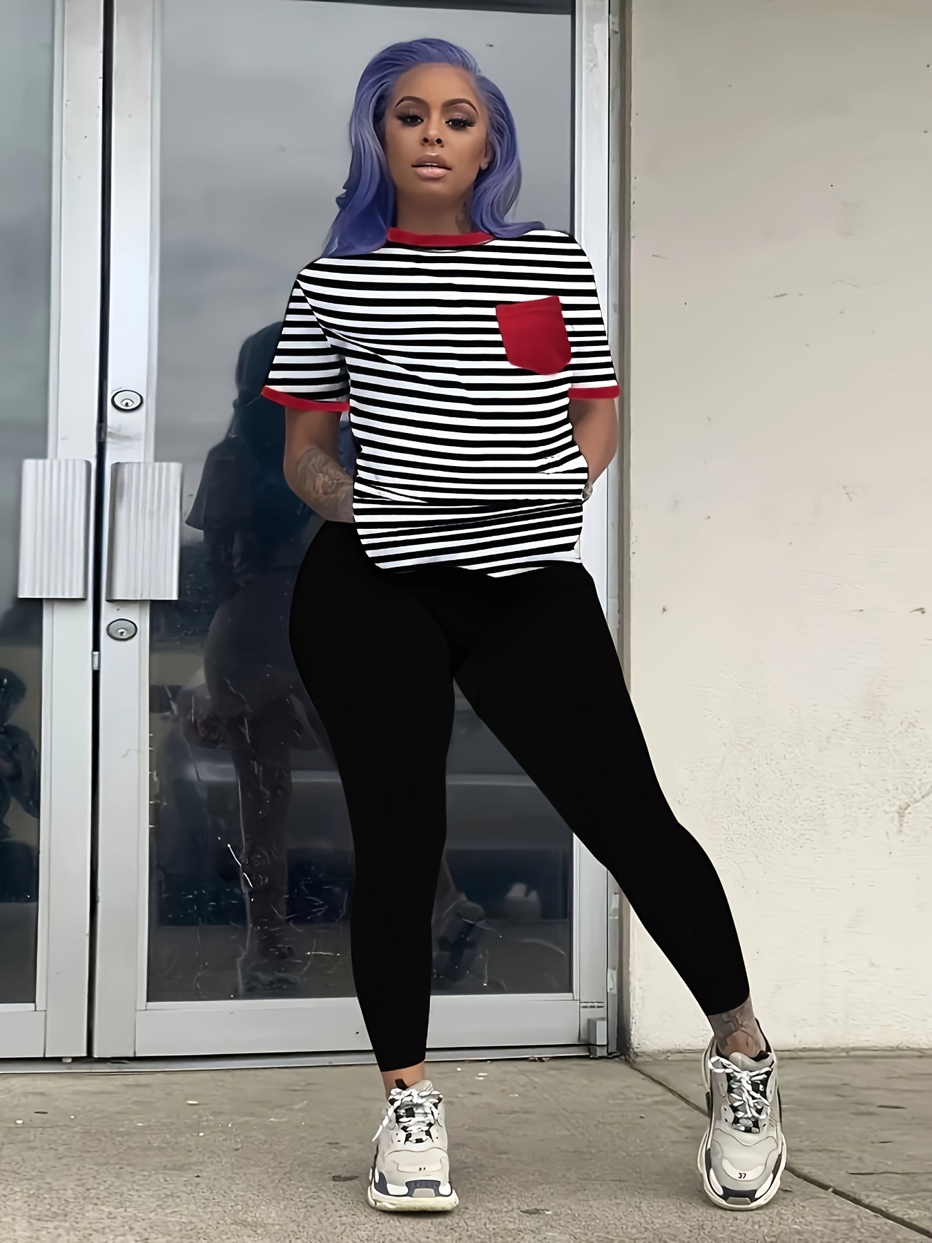 Striped Print Short Sleeve Tops & Solid Slim Pants Set