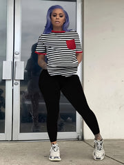Striped Print Short Sleeve Tops & Solid Slim Pants Set