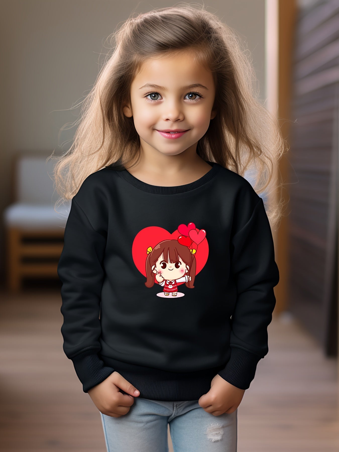 Girls Heart Pattern Crew Neck Sweatshirt for Spring Fall
