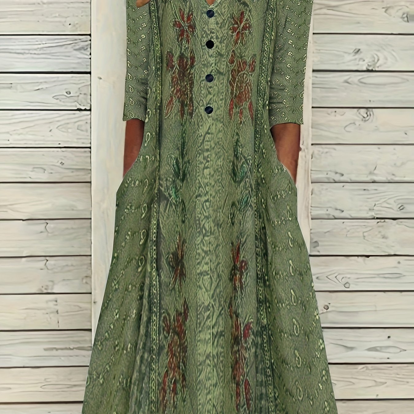 Floral Print Retro Dress Long Sleeve Notched Neck Dress With Pockets