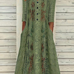 Floral Print Retro Dress Long Sleeve Notched Neck Dress With Pockets