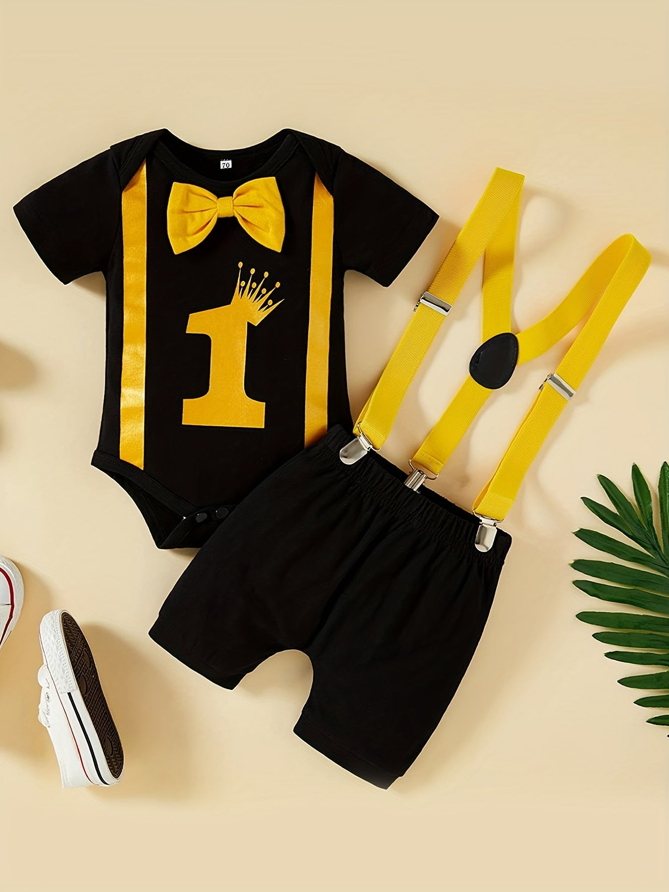 Baby Boy 1st Birthday Outfit Funny Cartoon Graphic Bow Tie Romper & Bib Pants