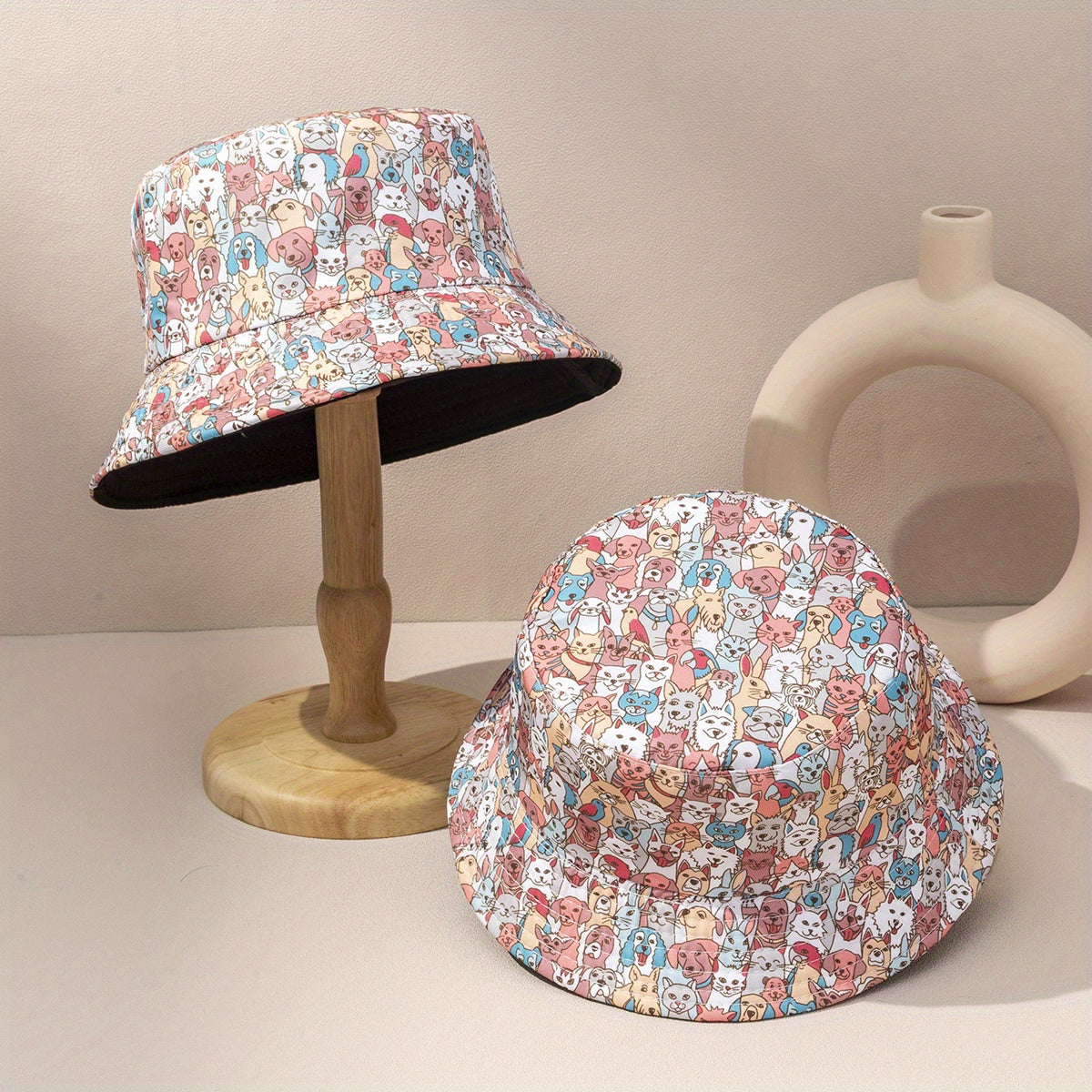 Pet Family Bucket Hat Dog Cat Rabbit Print Reversible Basin Hat Unisex Casual