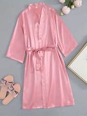 Letter Embroidery Satin Night Robe With Belt Women's Sleepwear