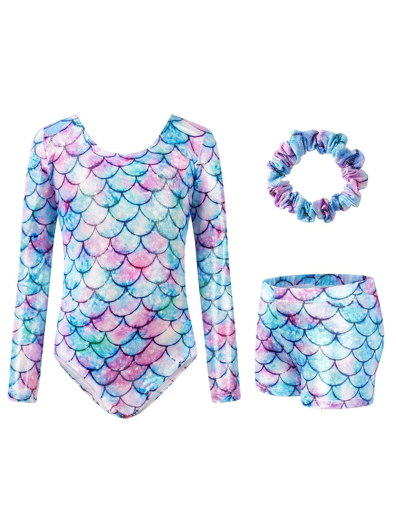 3pcs Girls Tie Dye Mermaid Leotard Sets Long Sleeve Romper Shorts Hair Band