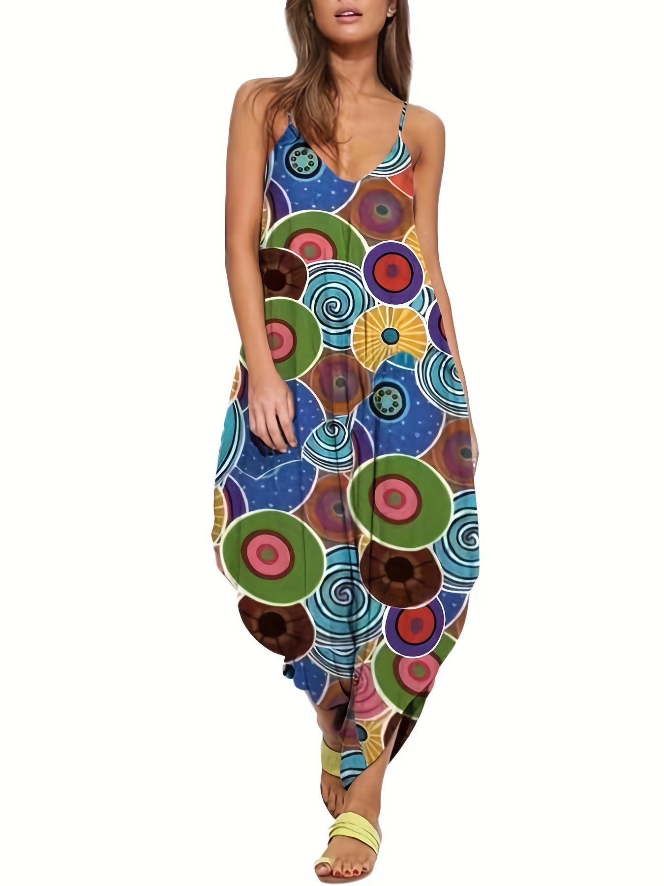 Geometric Print V Neck Harem Jumpsuit