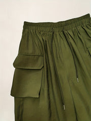 Solid Cargo Shorts Elastic Waist Wide Leg Shorts
