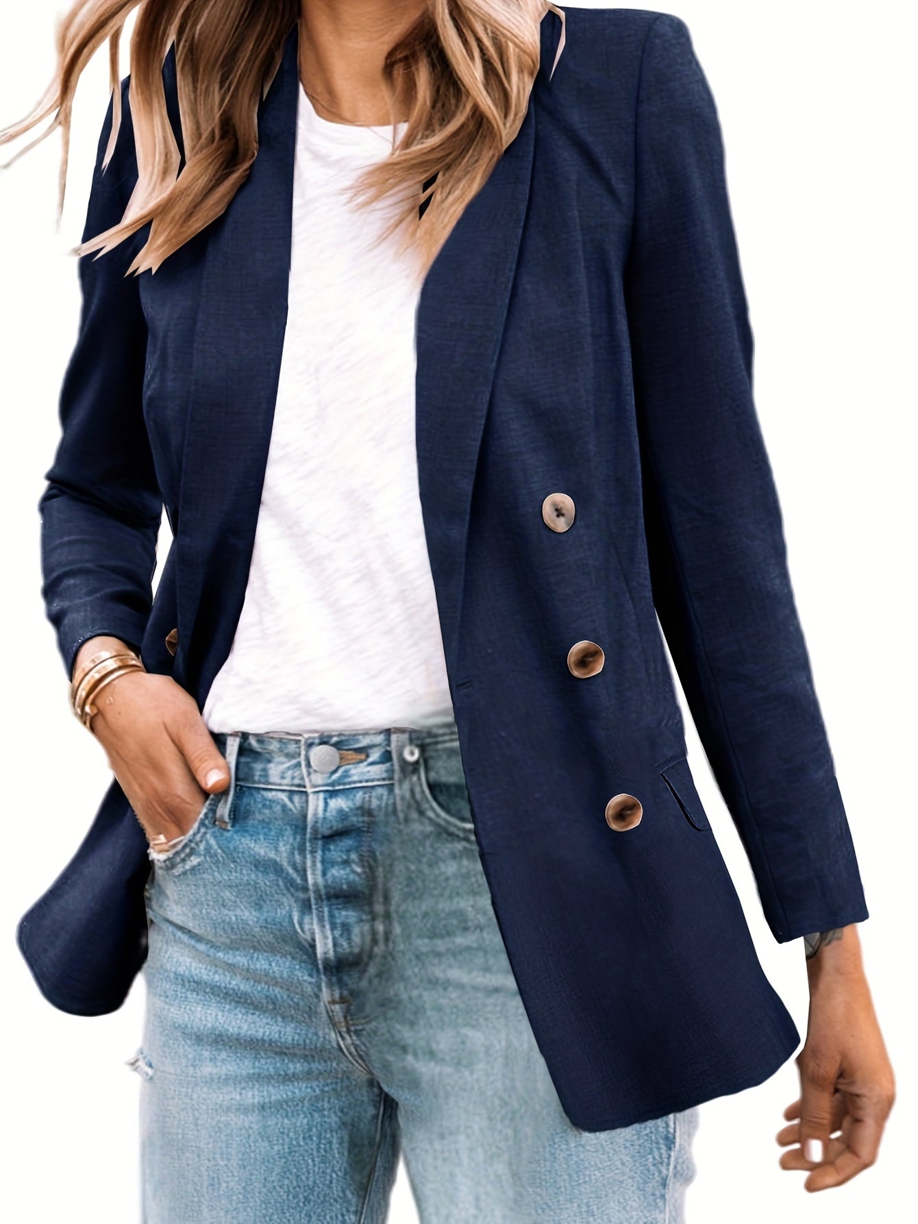 Double Breasted Lapel Blazer Solid Long Sleeve Office Work Outerwear