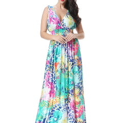 Floral Print Deep V Neck Maxi Dress Plus Size Sleeveless Medium Stretch