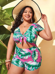 Tropical Print Cap Sleeve One Piece Swimsuit