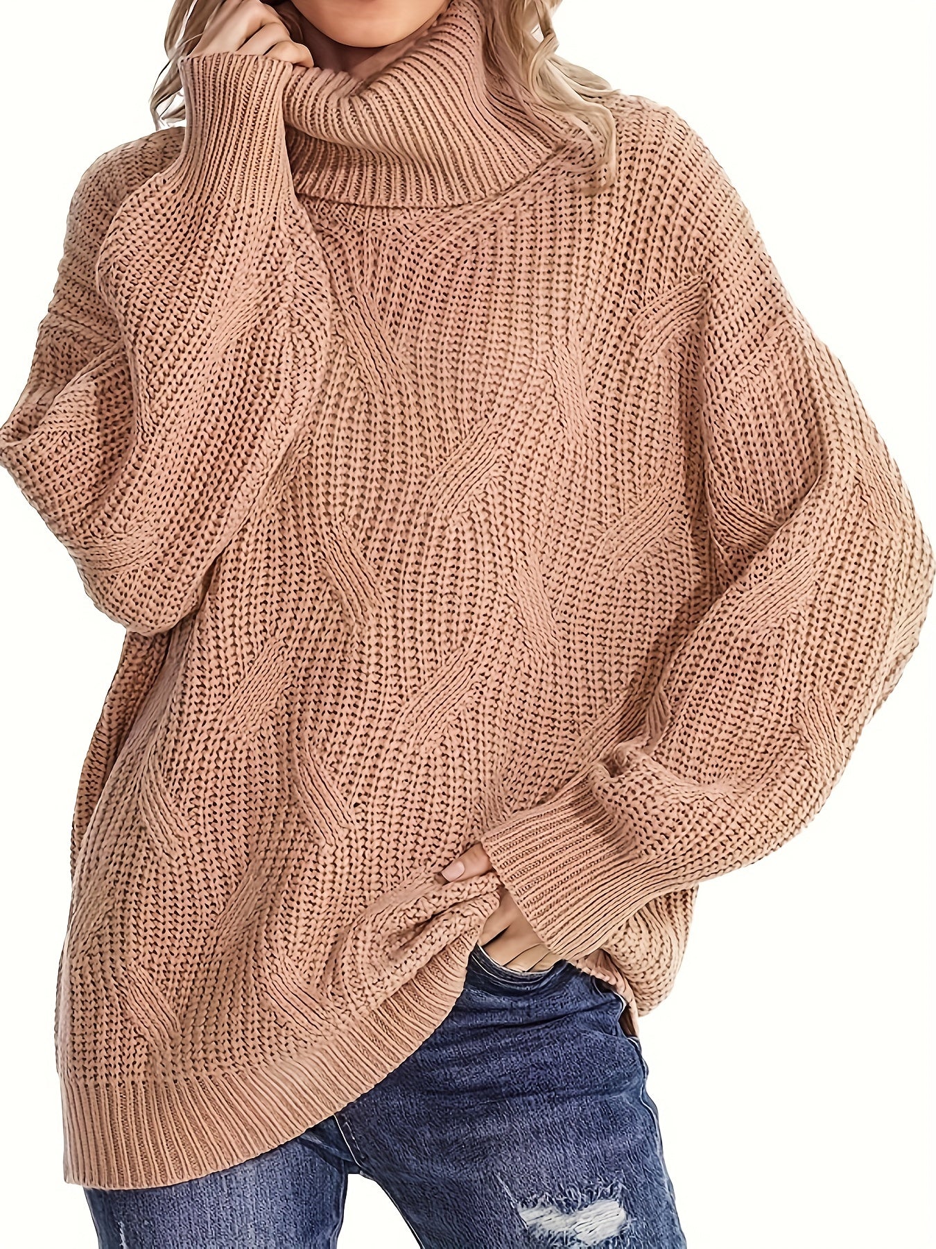 Solid Chunky Knit Top High Neck Tunic