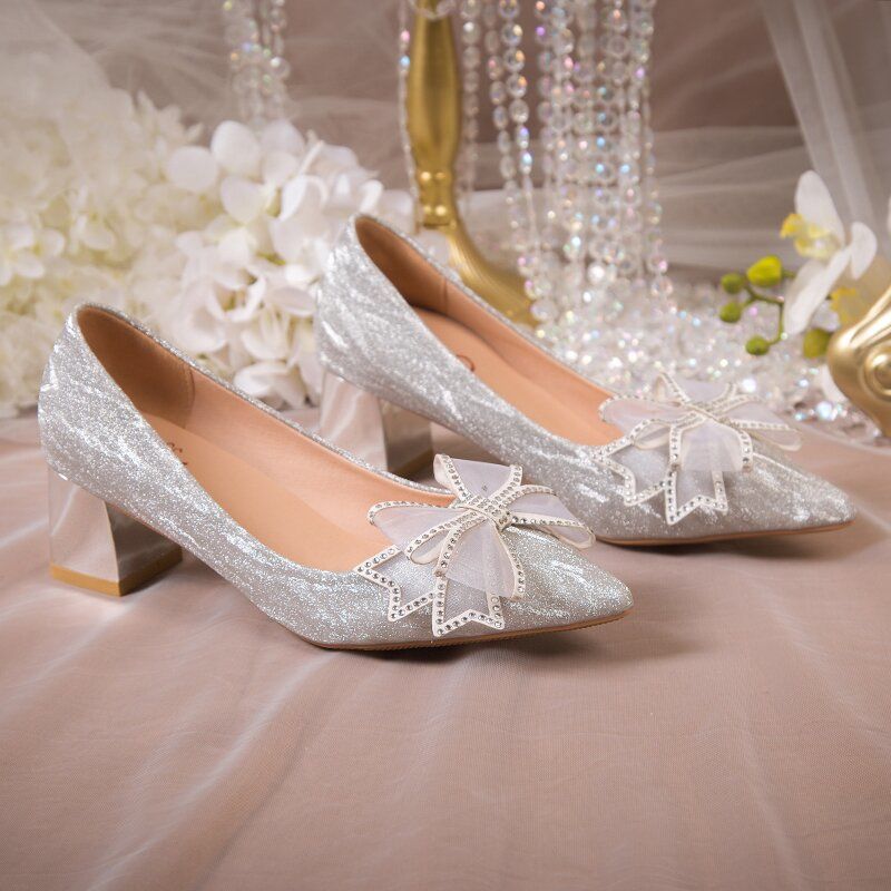 Sparkly Bow Tie High Heel Pumps Wedding Shoes