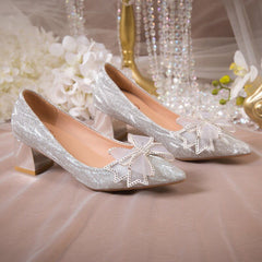 Sparkly Bow Tie High Heel Pumps Wedding Shoes
