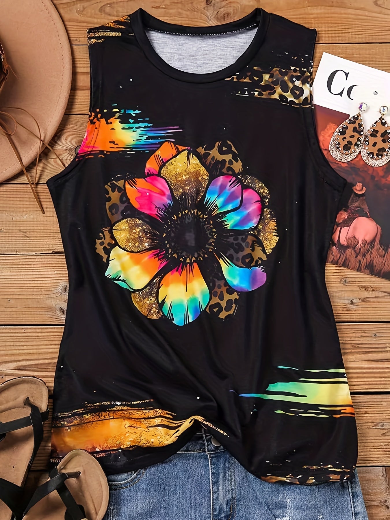 Leopard Sunflower Print Tank Top Vintage Crew Neck Sleeveless Summer Tank Top