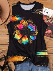 Leopard Sunflower Print Tank Top Vintage Crew Neck Sleeveless Summer Tank Top