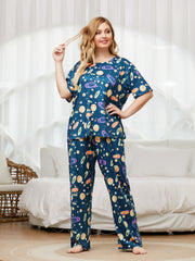 Planet Print Pajama Set Short Sleeve Top & Pants Two Piece Set