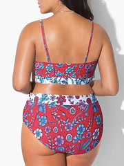 Floral Print Lace Up Ruffle Bikini Set