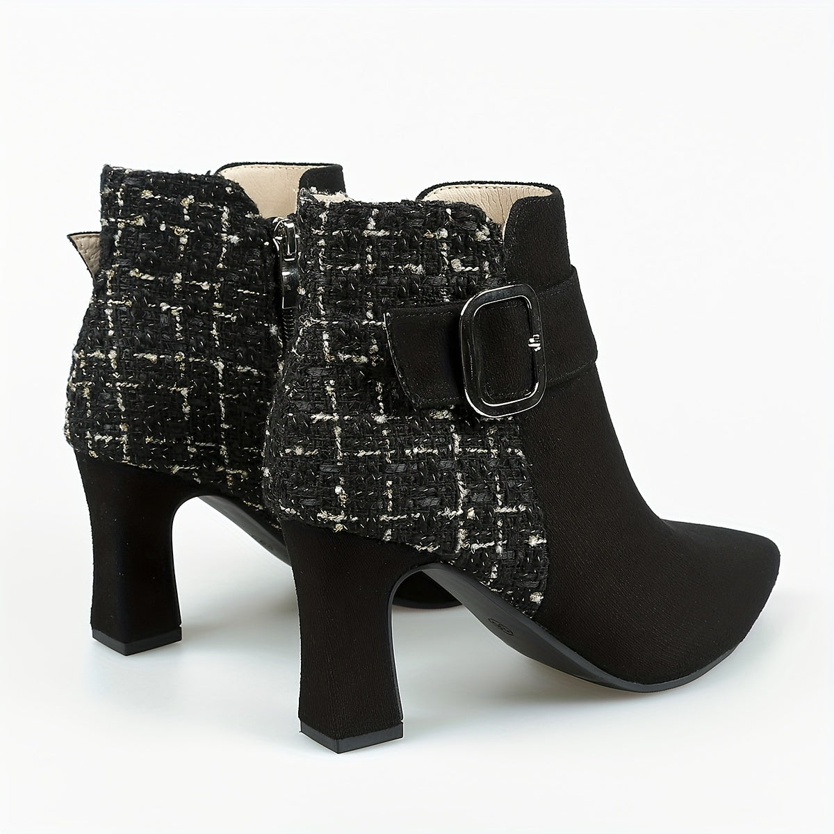 Women's Tweed High Heel Ankle Boots with Buckle Strap