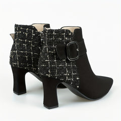 Women's Tweed High Heel Ankle Boots with Buckle Strap