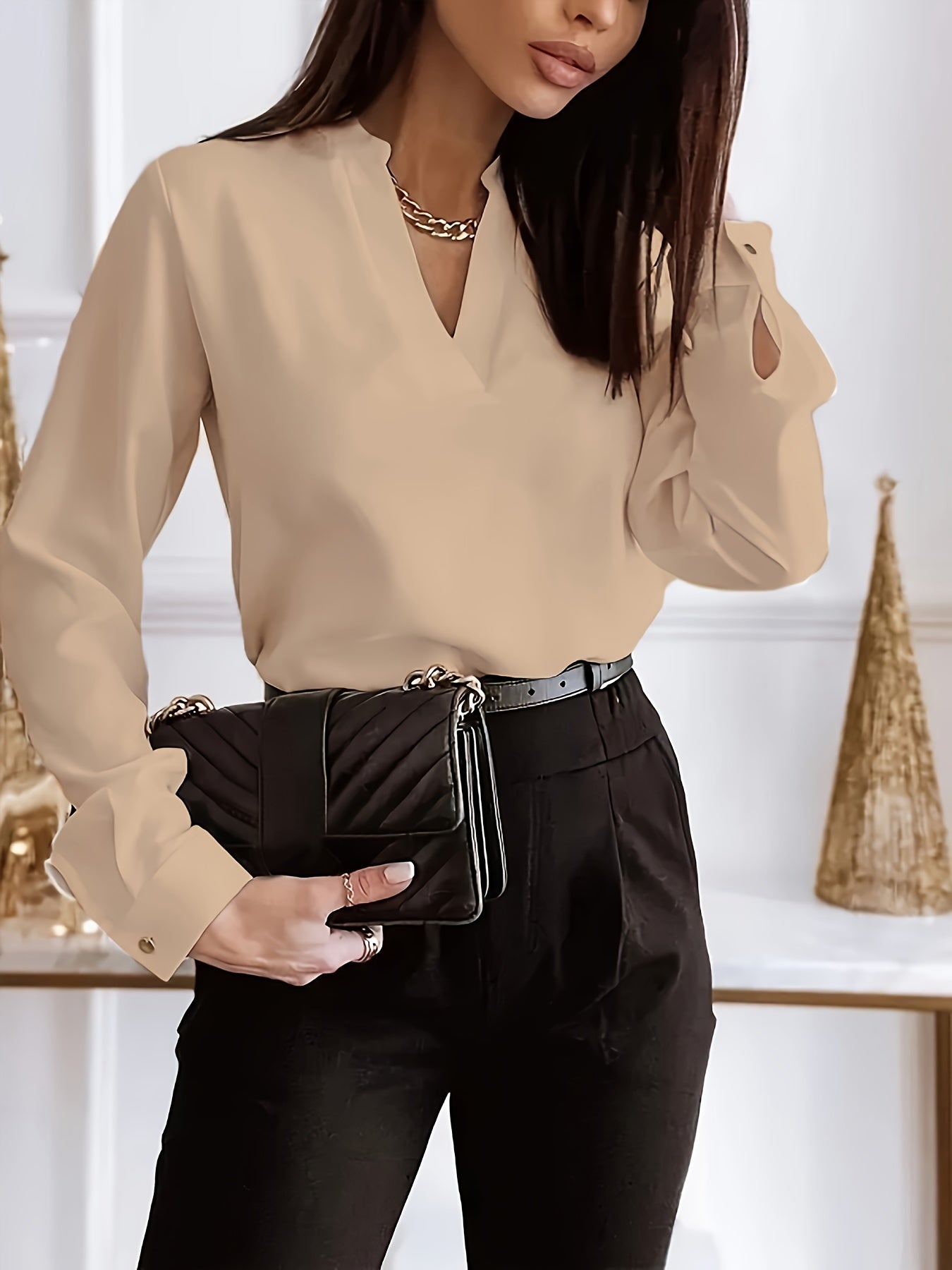 Blouse Women's Plus Solid Long Sleeve Notched Neck Workwear Top
