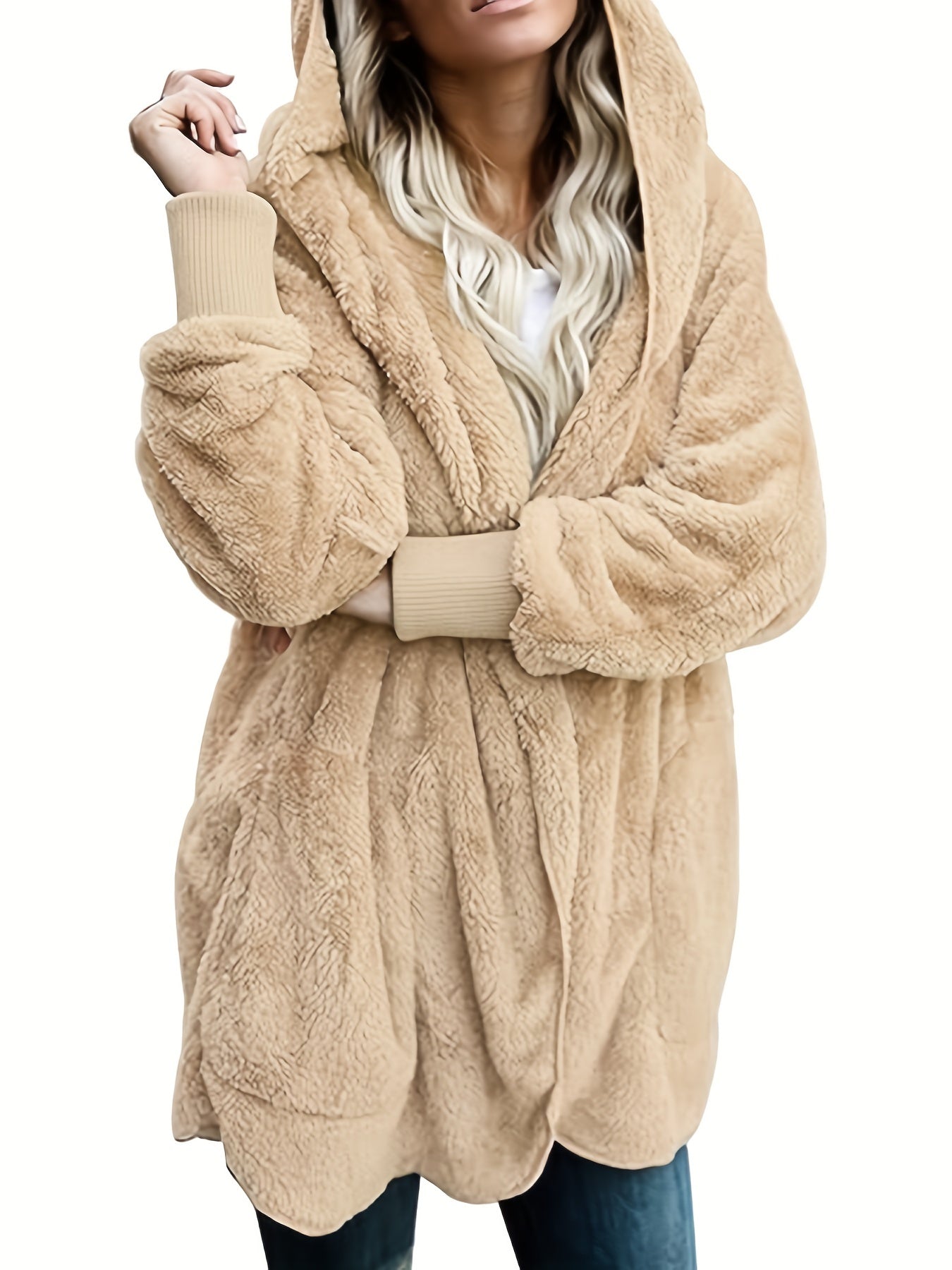 Solid Hooded Fuzzy Coat Long Sleeve Open Front Coat