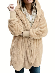 Solid Hooded Fuzzy Coat Long Sleeve Open Front Coat