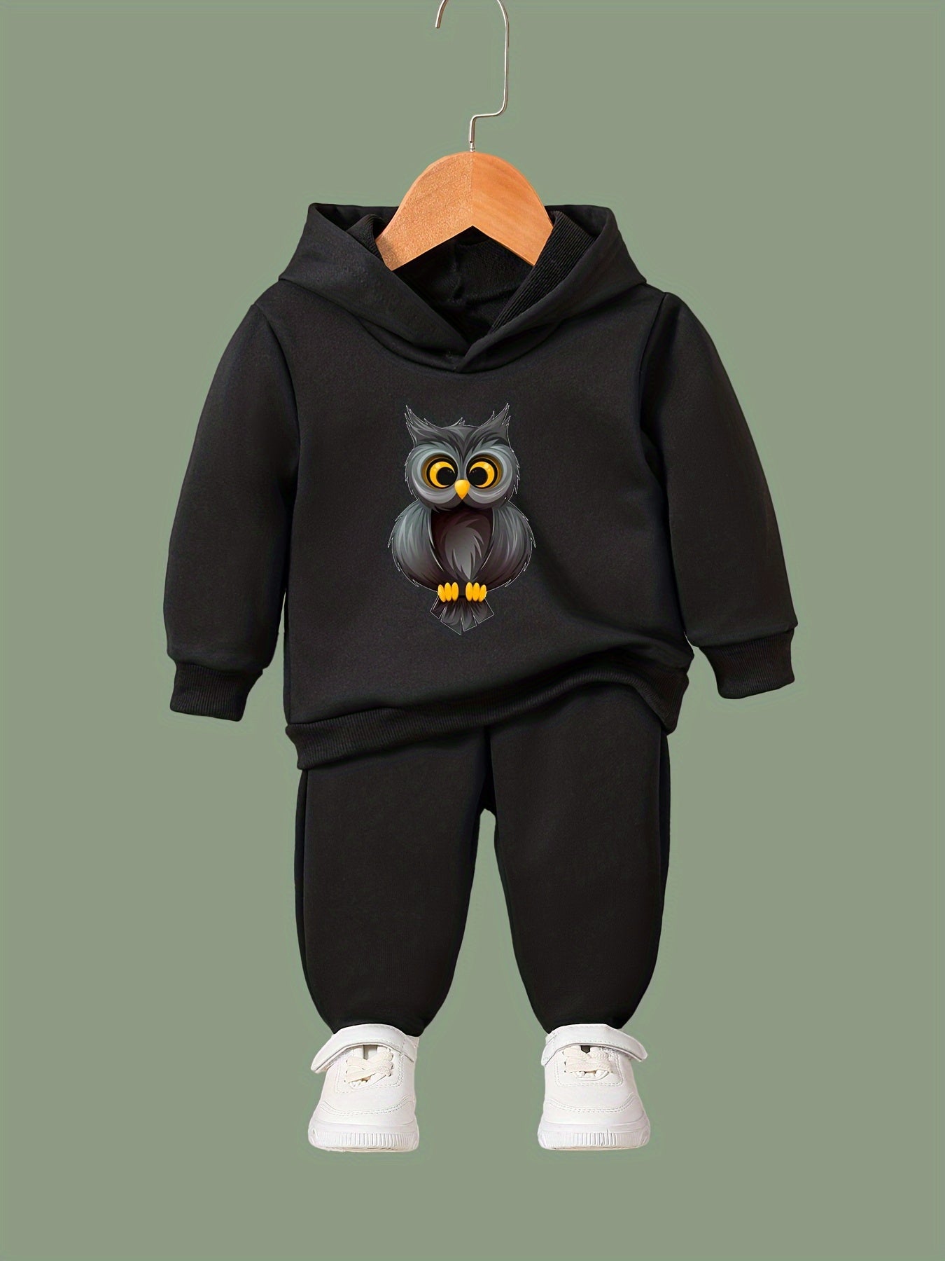Cartoon Owl Print Hooded Pullover Pants Set for Kids Sports